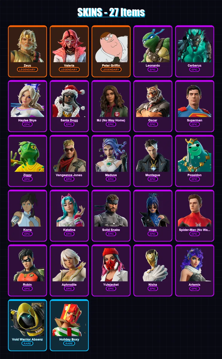 [PC] | Zeus | Valeria | Peter Griffin | Leonardo | Cerberus | 27 skin | 52 pickaxe | 37 emote | 35 glider | Lv516 — Fortnite account