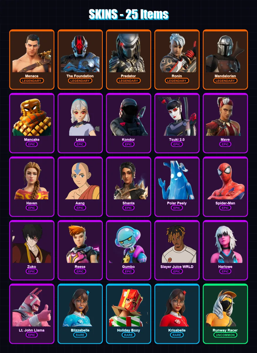 [PC/XBOX/PSN] | Menace | The Foundation | Predator | Ronin | Mandalorian | 25 skin | 37 pickaxe | 30 emote | 29 glider | Lv382