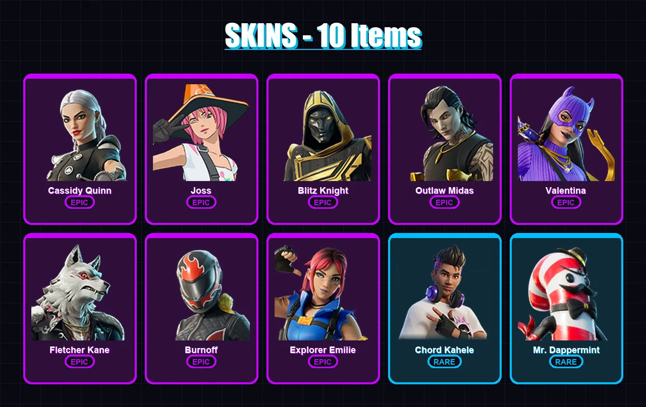[PC/XBOX/PSN] | Cassidy Quinn | Joss | Blitz Knight | Outlaw Midas | Valentina | 10 skin | 30 pickaxe | 16 emote | 27 glider | Lv222