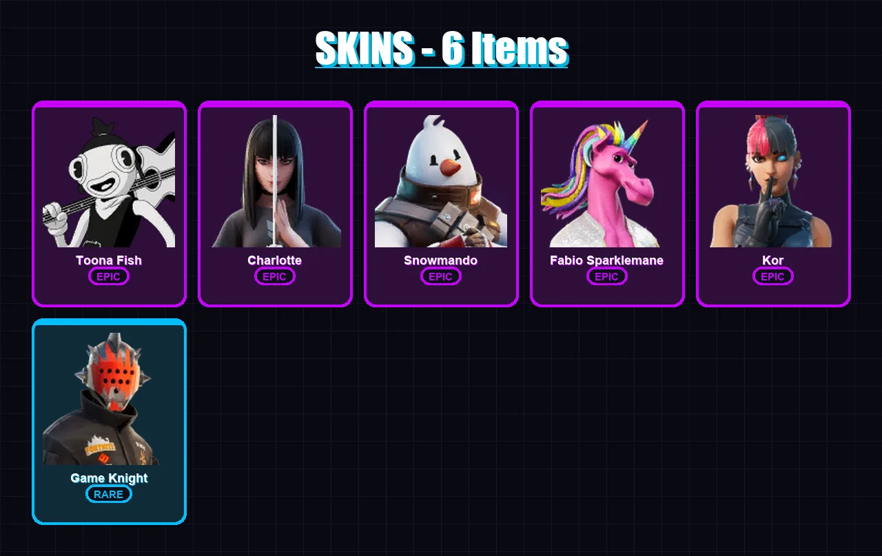 [PS4/PS5/XBOX/PC] | Toona Fish | Charlotte | Snowmando | Fabio Sparklemane | Kor | 6 skin | 9 pickaxe | 7 emote | 9 glider | Lv117