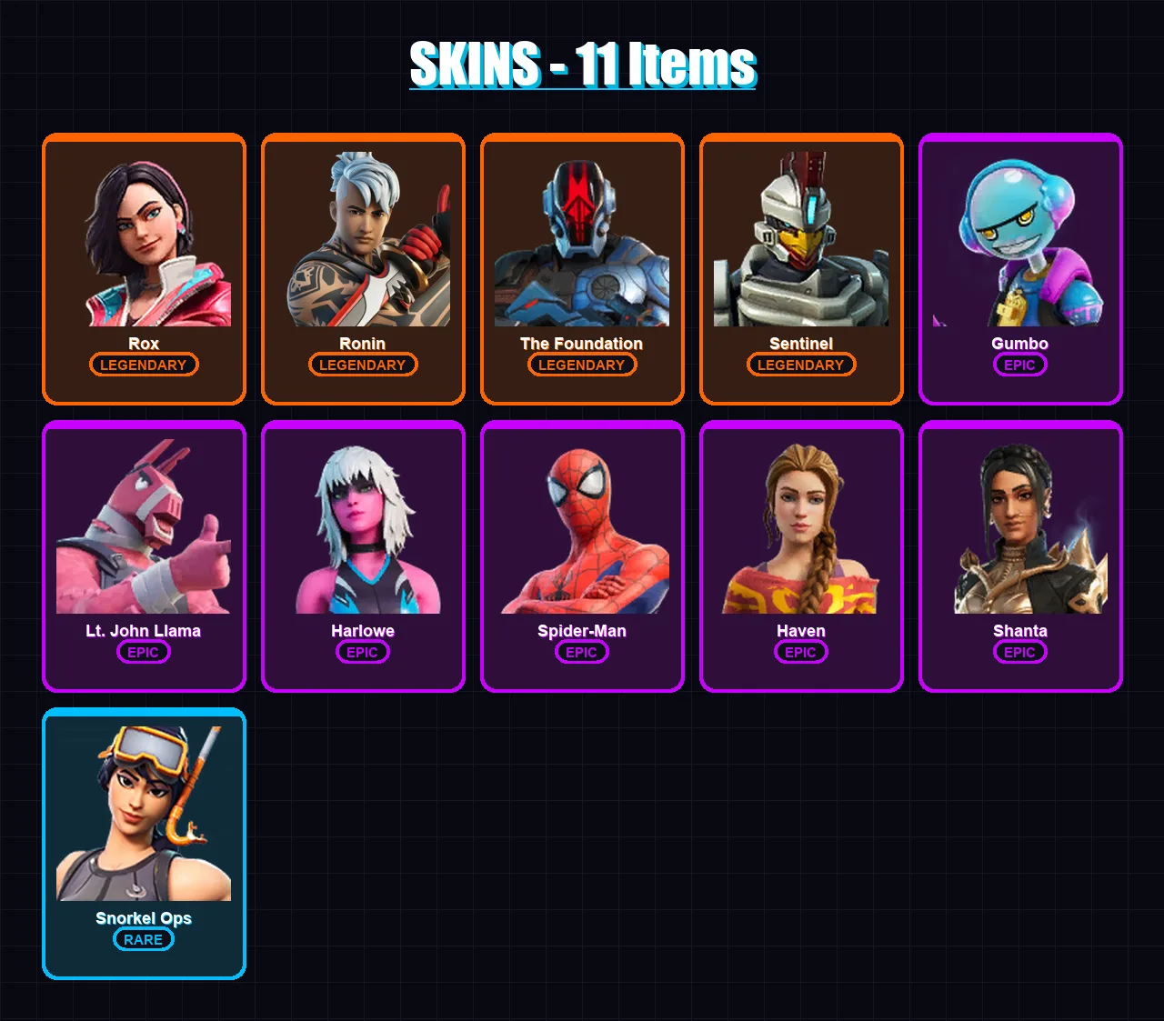 [PC/XBOX/PSN] | Rox | Ronin | The Foundation | Sentinel | Gumbo | 11 skin | 13 pickaxe | 8 emote | 9 glider | Lv137