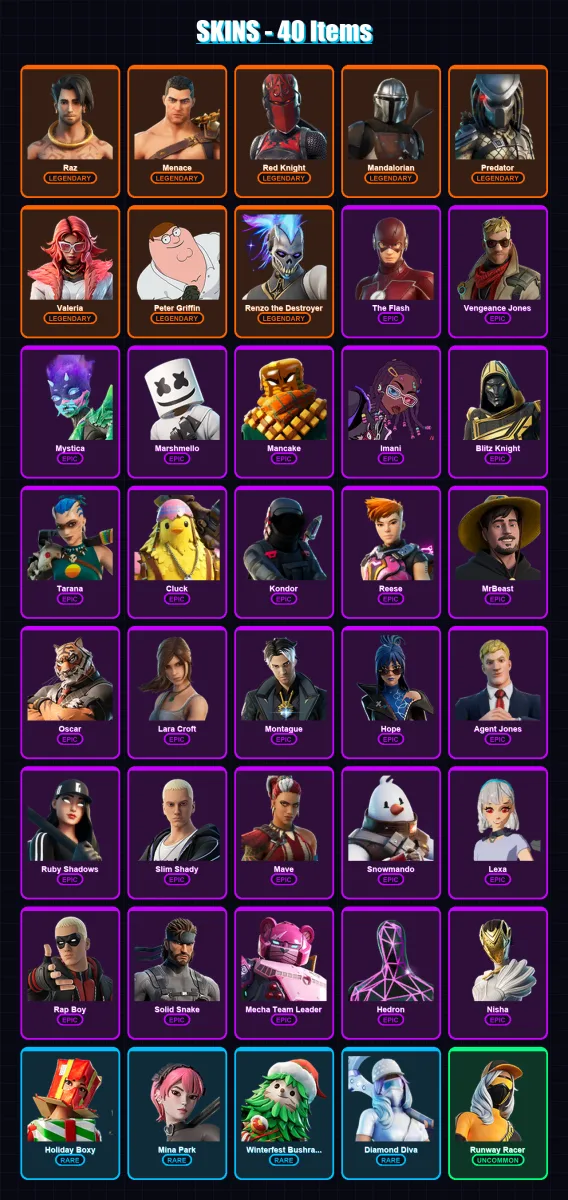 [PC/PSN] | Raz | Menace | Red Knight | Mandalorian | Predator | 40 skin | 48 pickaxe | 45 emote | 46 glider | Lv603