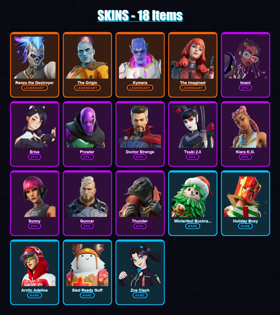 [PC/PSN] | Renzo the Destroyer | The Origin | Kymera | The Imagined | Imani | 18 skin | 40 pickaxe | 35 emote | 44 glider | Lv659