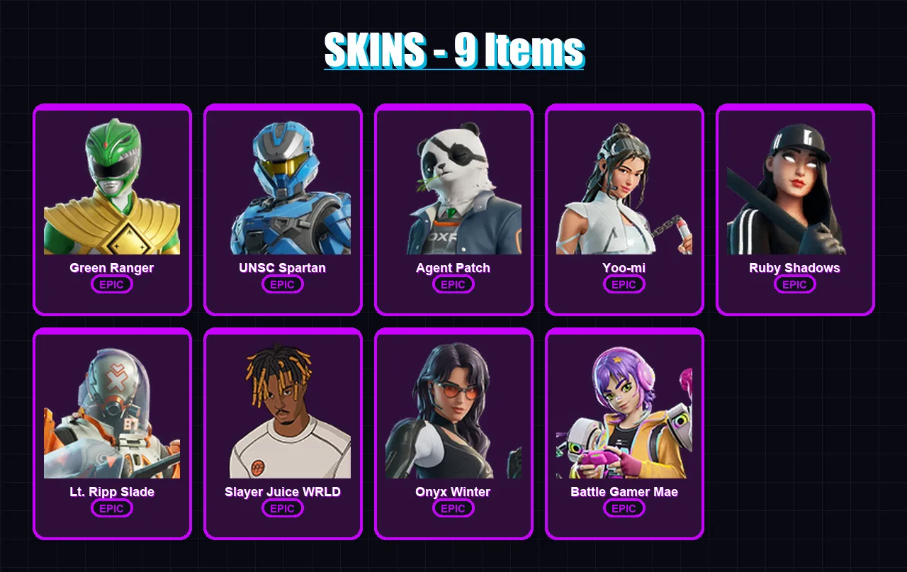 [PC/XBOX/PSN] | Green Ranger | UNSC Spartan | Agent Patch | Yoo-mi | Ruby Shadows | 9 skin | 38 pickaxe | 22 emote | 34 glider | Lv527