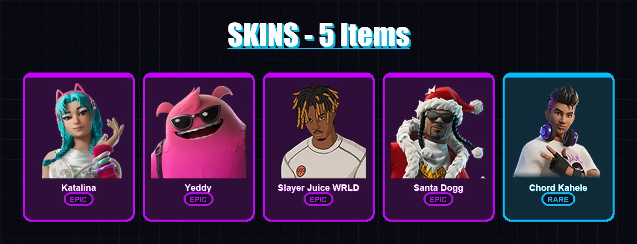 [PC/XBOX/PSN] | Katalina | Yeddy | Slayer Juice WRLD | Santa Dogg | Chord Kahele | 5 skin | 6 pickaxe | 4 emote | 6 glider | Lv59