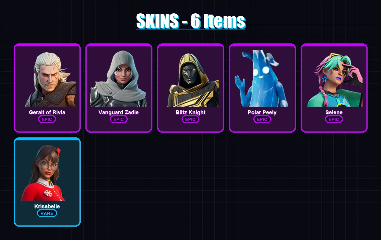 [PS4/PS5/XBOX/PC] | Geralt of Rivia | Vanguard Zadie | Blitz Knight | Polar Peely | Selene | 6 skin | 37 pickaxe | 20 emote | 32 glider | Lv474