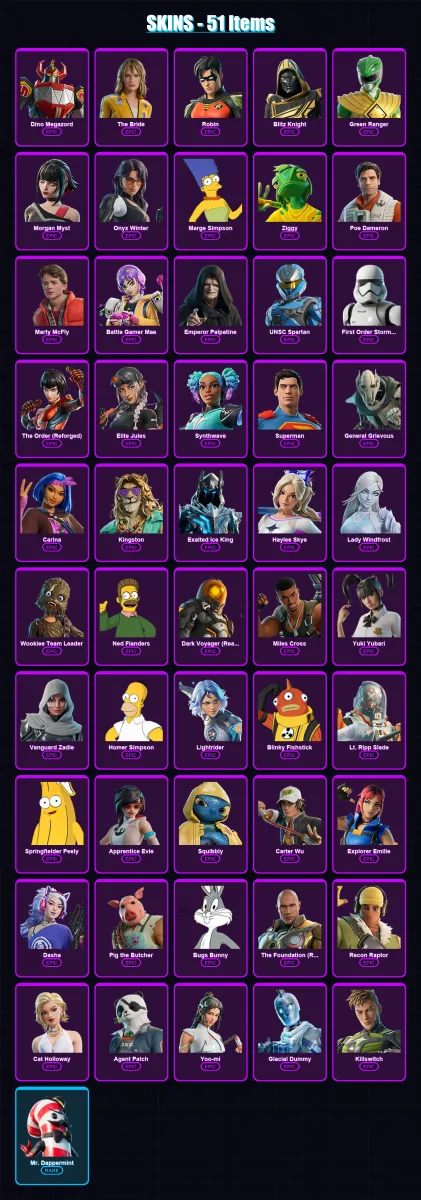 [PC/PSN] | Dino Megazord | The Bride | Robin | Blitz Knight | Green Ranger | 51 skin | 98 pickaxe | 55 emote | 65 glider | Lv908