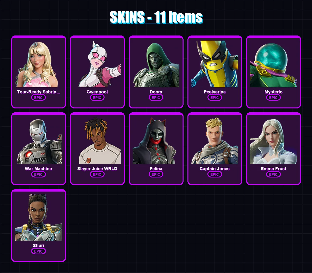 [SWITCH/XBOX/PSN/PC] | Tour-Ready Sabrina Carpenter | Gwenpool | Doom | Peelverine | Mysterio | 11 skin | 39 pickaxe | 22 emote | 36 glider | Lv502 — Fortnite account