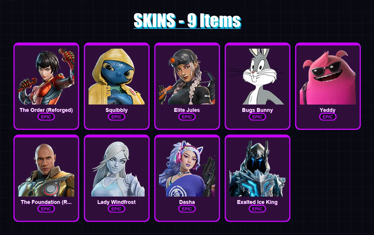 [PC/PSN] | The Order (Reforged) | Squibbly | Elite Jules | Bugs Bunny | Yeddy | 9 skin | 21 pickaxe | 20 emote | 23 glider | Lv315