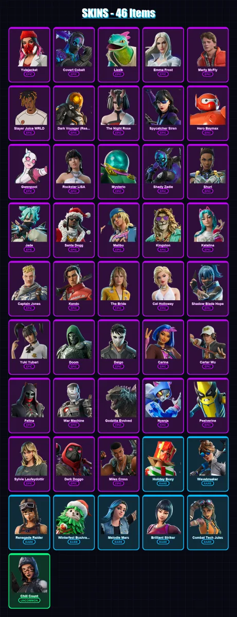 [PC/PSN] | Yulejacket | Covert Cobalt | Lizzik | Emma Frost | Marty McFly | 46 skin | 83 pickaxe | 40 emote | 48 glider | Lv841