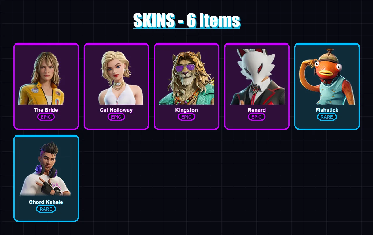 [PC/XBOX/PSN] | The Bride | Cat Holloway | Kingston | Renard | Fishstick | 6 skin | 12 pickaxe | 8 emote | 9 glider | Lv71