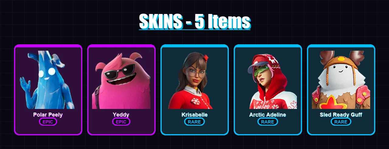 [PC/XBOX] | Polar Peely | Yeddy | Krisabelle | Arctic Adeline | Sled Ready Guff | 5 skin | 11 pickaxe | 7 emote | 8 glider | Lv75