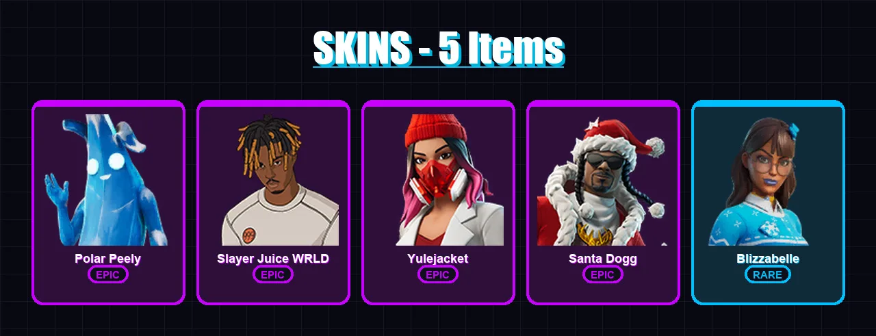 [PC/XBOX/PSN] | Polar Peely | Slayer Juice WRLD | Yulejacket | Santa Dogg | Blizzabelle | 5 skin | 25 pickaxe | 13 emote | 18 glider | Lv217