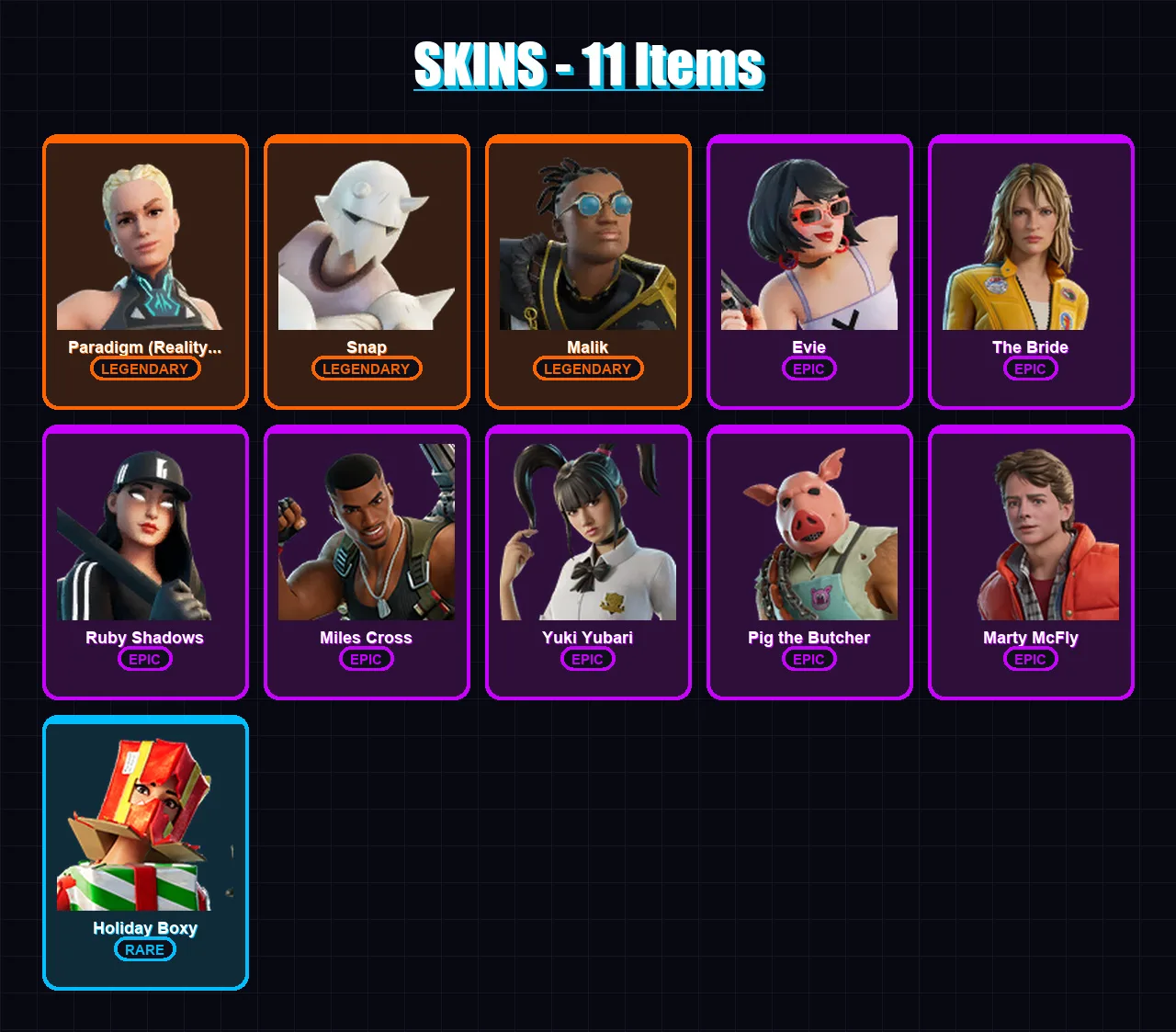 [PC/XBOX/PSN] | Paradigm (Reality-659) | Snap | Malik | Evie | The Bride | 11 skin | 43 pickaxe | 18 emote | 32 glider | Lv337