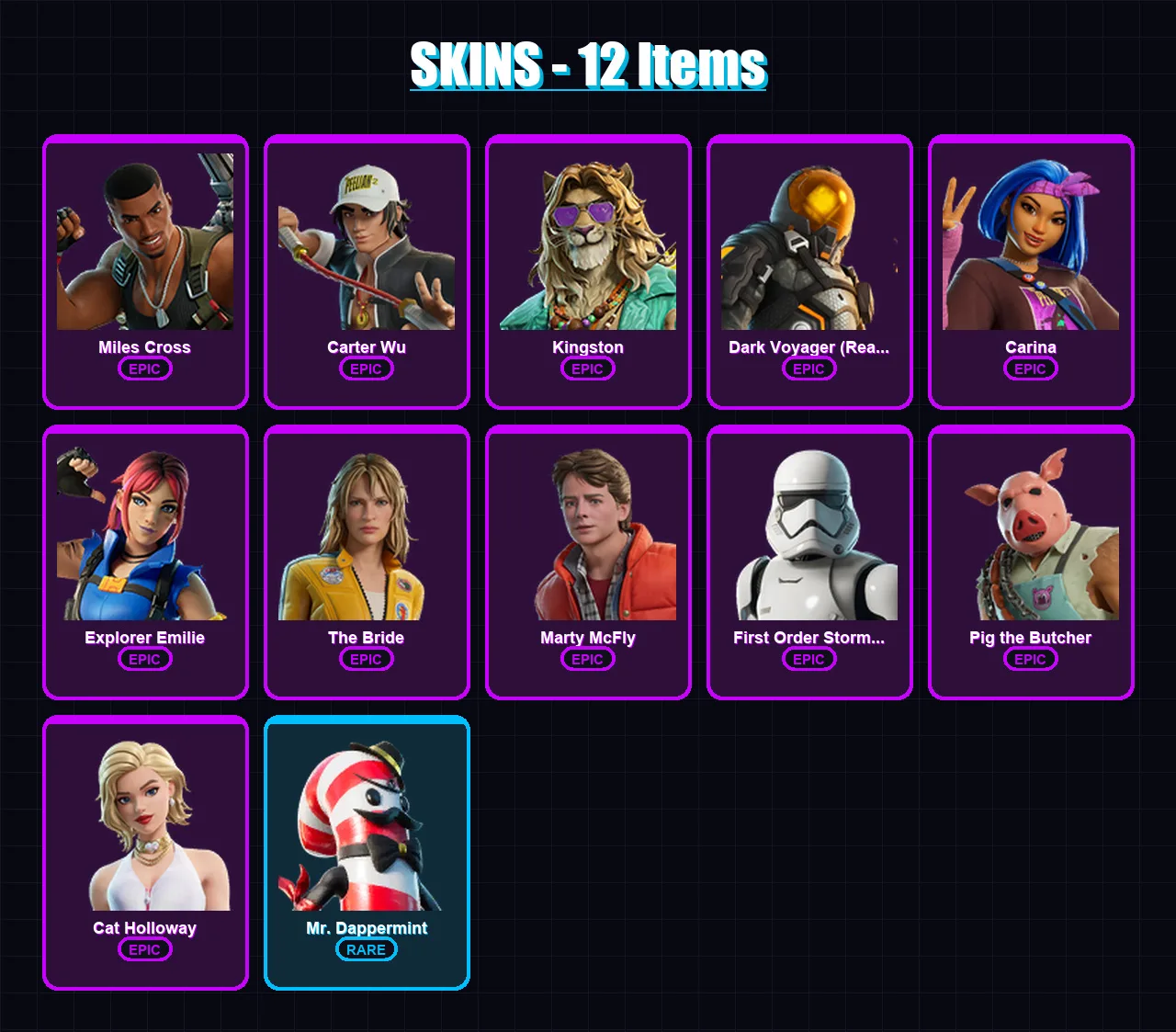 [PC/PSN] | Miles Cross | Carter Wu | Kingston | Dark Voyager (Reality Redacted) | Carina | 12 skin | 38 pickaxe | 23 emote | 31 glider | Lv428