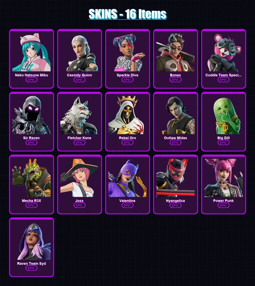 [PC/XBOX/PSN] | Neko Hatsune Miku | Cassidy Quinn | Sparkle Diva | Bones | Cuddle Team Specialist | 16 skin | 20 pickaxe | 20 emote | 16 glider | Lv