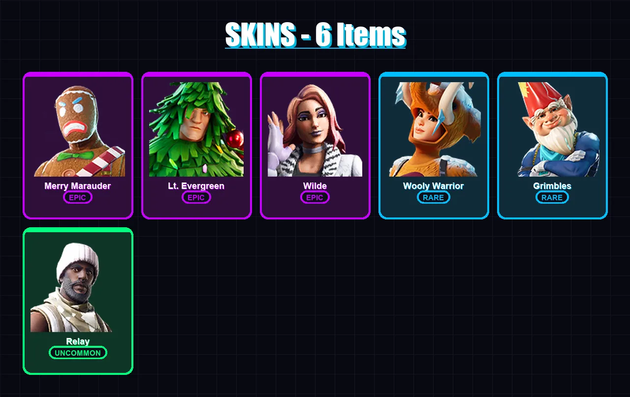 [PC/XBOX/PSN] | Merry Marauder | Lt. Evergreen | Wilde | Wooly Warrior | Grimbles | 6 skin | 10 pickaxe | 12 emote | 12 glider | Lv177