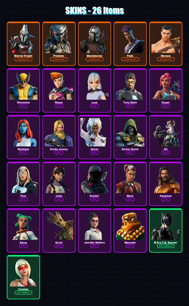 [PS4/PS5/XBOX/PC] | Eternal Knight | Predator | Mandalorian | Fade | Menace | 26 skin | 26 pickaxe | 20 emote | 27 glider | Lv479