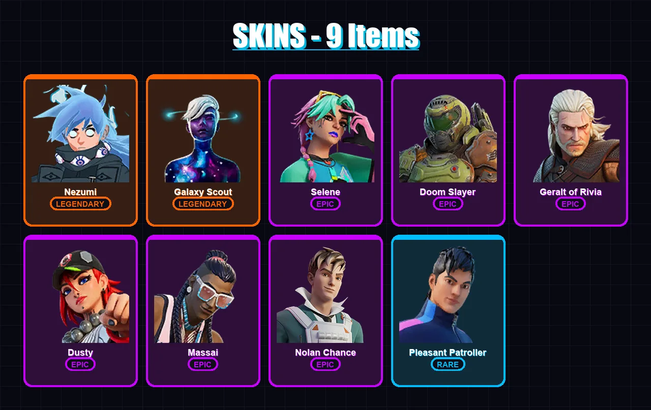 [PC/XBOX/PSN] | Nezumi | Galaxy Scout | Selene | Doom Slayer | Geralt of Rivia | 9 skin | 16 pickaxe | 13 emote | 16 glider | Lv158