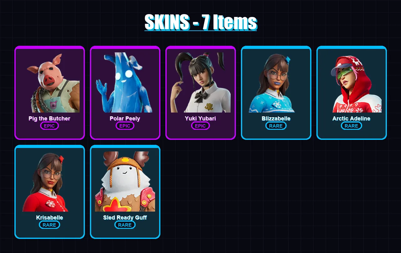 [PC/XBOX] | Pig the Butcher | Polar Peely | Yuki Yubari | Blizzabelle | Arctic Adeline | 7 skin | 20 pickaxe | 14 emote | 17 glider | Lv193