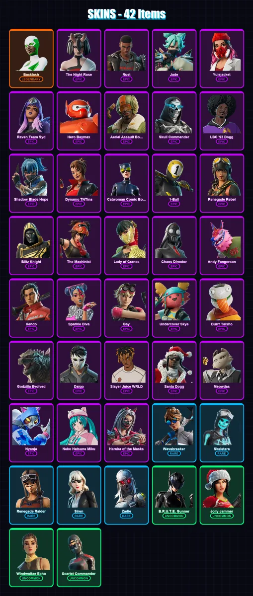 [PC/XBOX] | Backlash | The Night Rose | Rust | Jade | Yulejacket | 42 skin | 55 pickaxe | 27 emote | 30 glider | Lv354