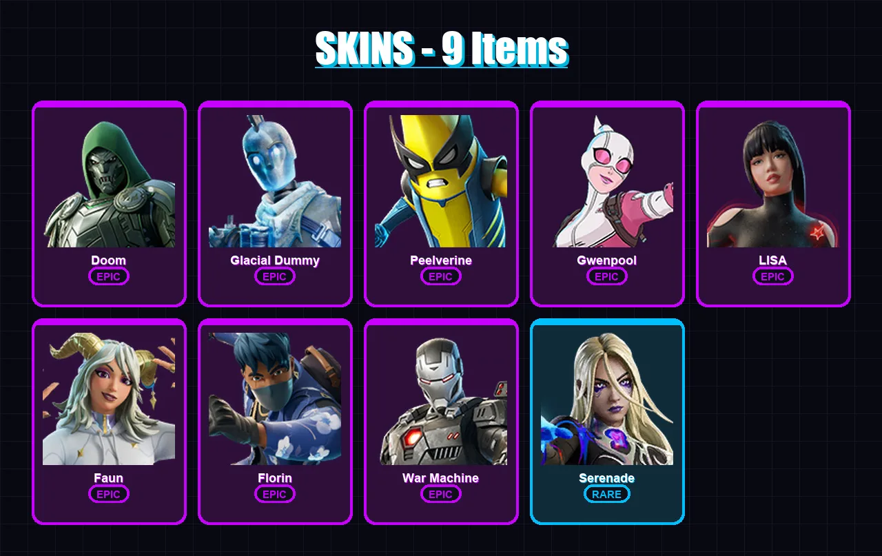 [PS4/PS5/PC] | Doom | Glacial Dummy | Peelverine | Gwenpool | LISA | 9 skin | 28 pickaxe | 10 emote | 22 glider | Lv126