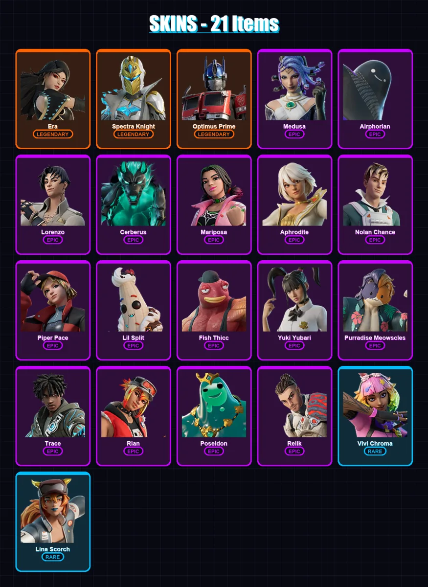 [PC/XBOX/PSN] | Era | Spectra Knight | Optimus Prime | Medusa | Airphorian | 21 skin | 25 pickaxe | 24 emote | 22 glider | Lv273