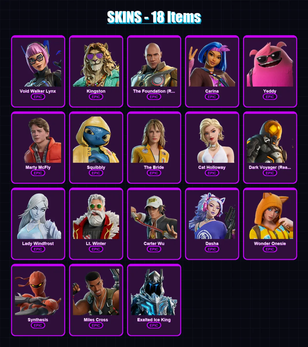 [PC/XBOX] | Void Walker Lynx | Kingston | The Foundation (Reforged) | Carina | Yeddy | 18 skin | 27 pickaxe | 20 emote | 25 glider | Lv195