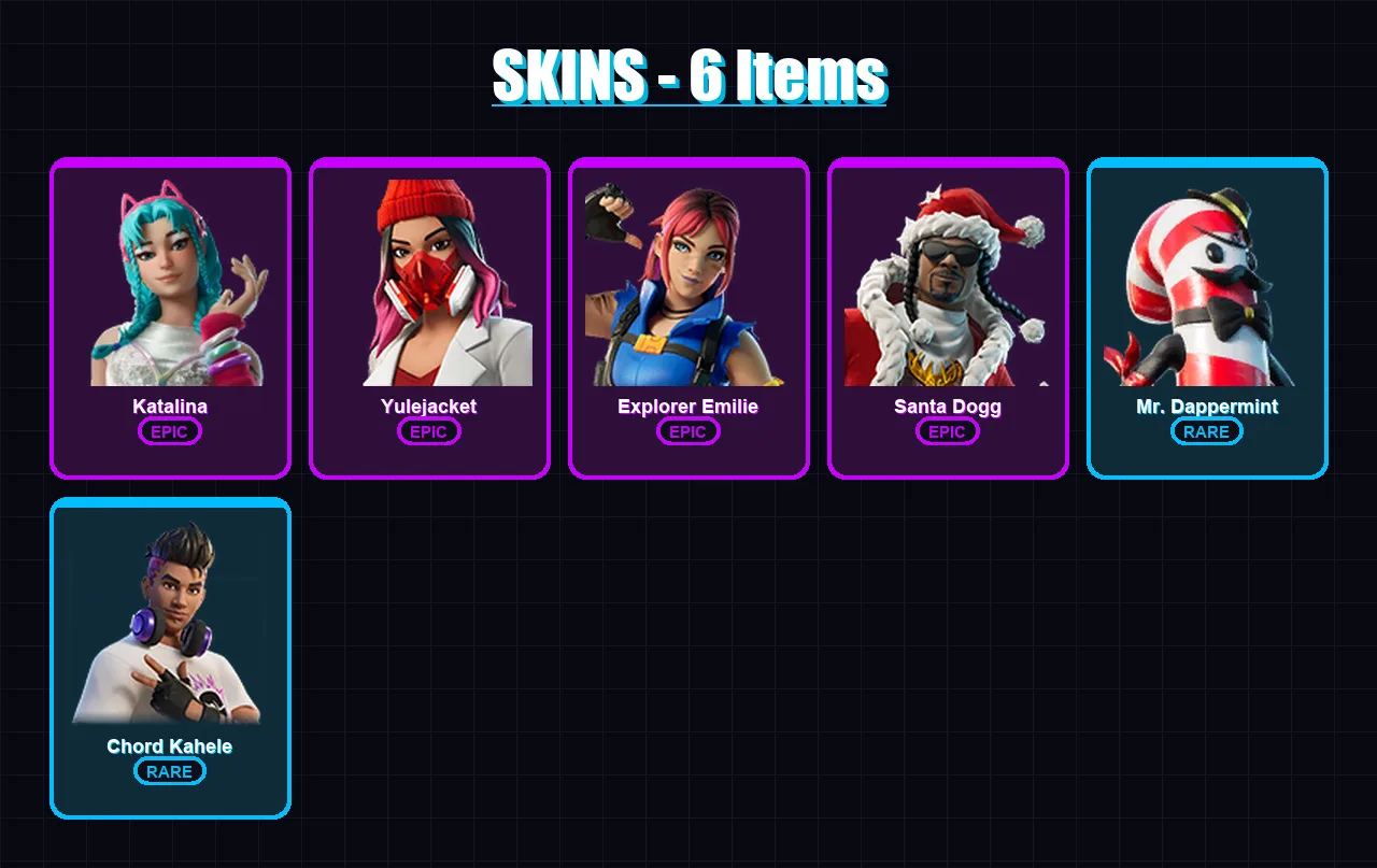 [PC/XBOX/PSN] | Katalina | Yulejacket | Explorer Emilie | Santa Dogg | Mr. Dappermint | 6 skin | 7 pickaxe | 2 emote | 6 glider | Lv25