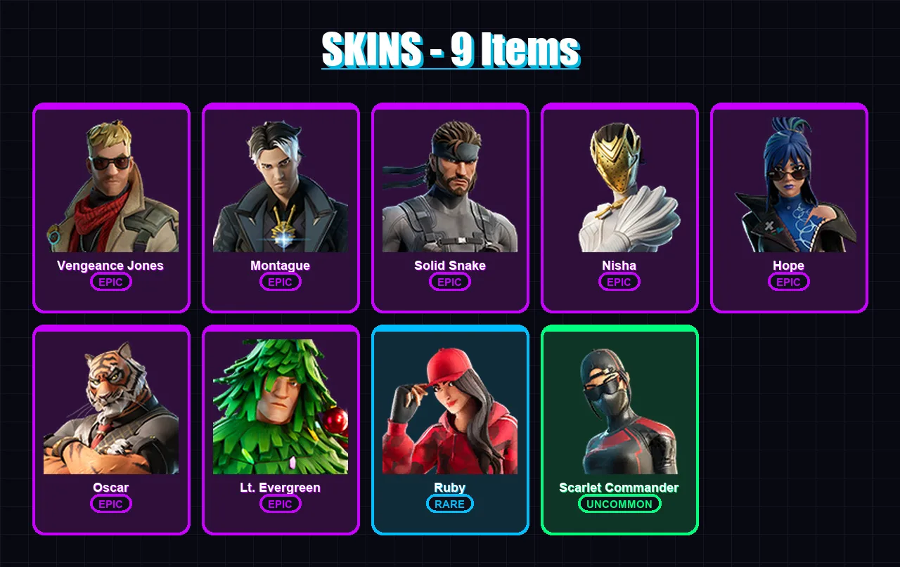 [PS4/PS5/XBOX/PC] | Vengeance Jones | Montague | Solid Snake | Nisha | Hope | 9 skin | 22 pickaxe | 20 emote | 26 glider | Lv343