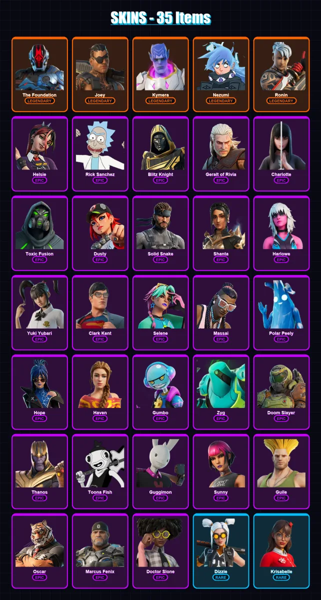 [PC/PSN] | The Foundation | Joey | Kymera | Nezumi | Ronin | 35 skin | 58 pickaxe | 35 emote | 49 glider | Lv776