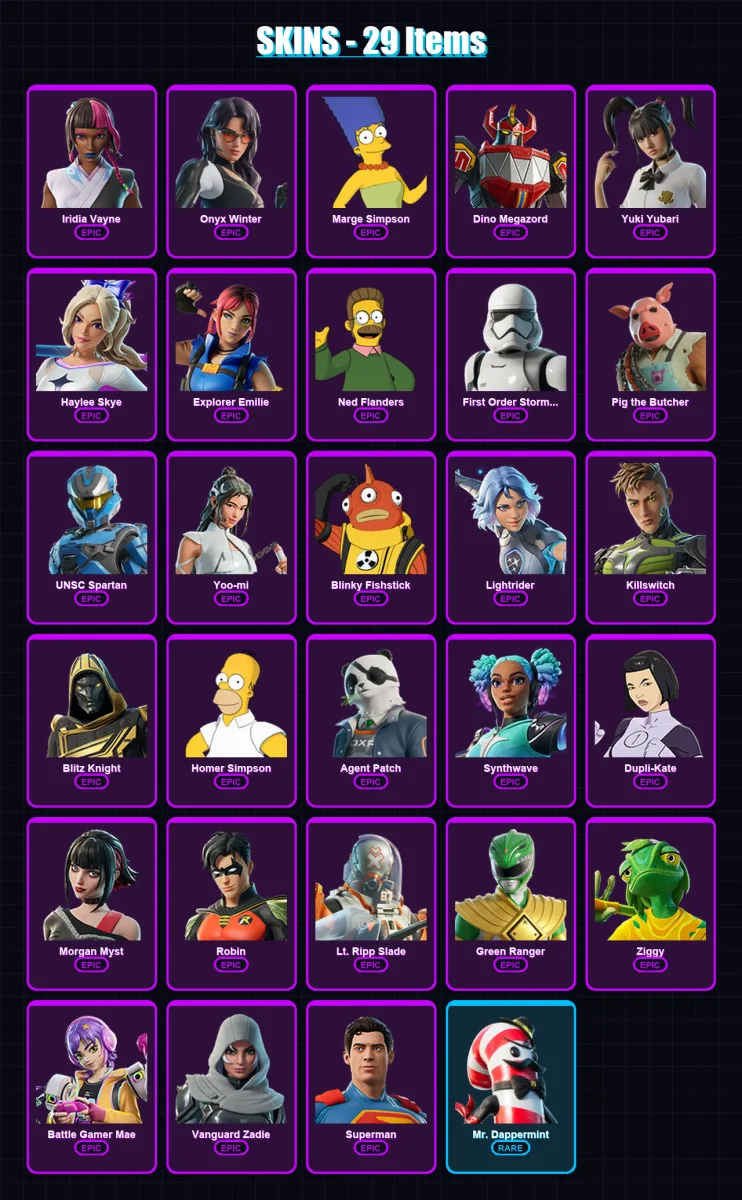 [PC/XBOX/PSN] | Iridia Vayne | Onyx Winter | Marge Simpson | Dino Megazord | Yuki Yubari | 29 skin | 60 pickaxe | 35 emote | 39 glider | Lv585