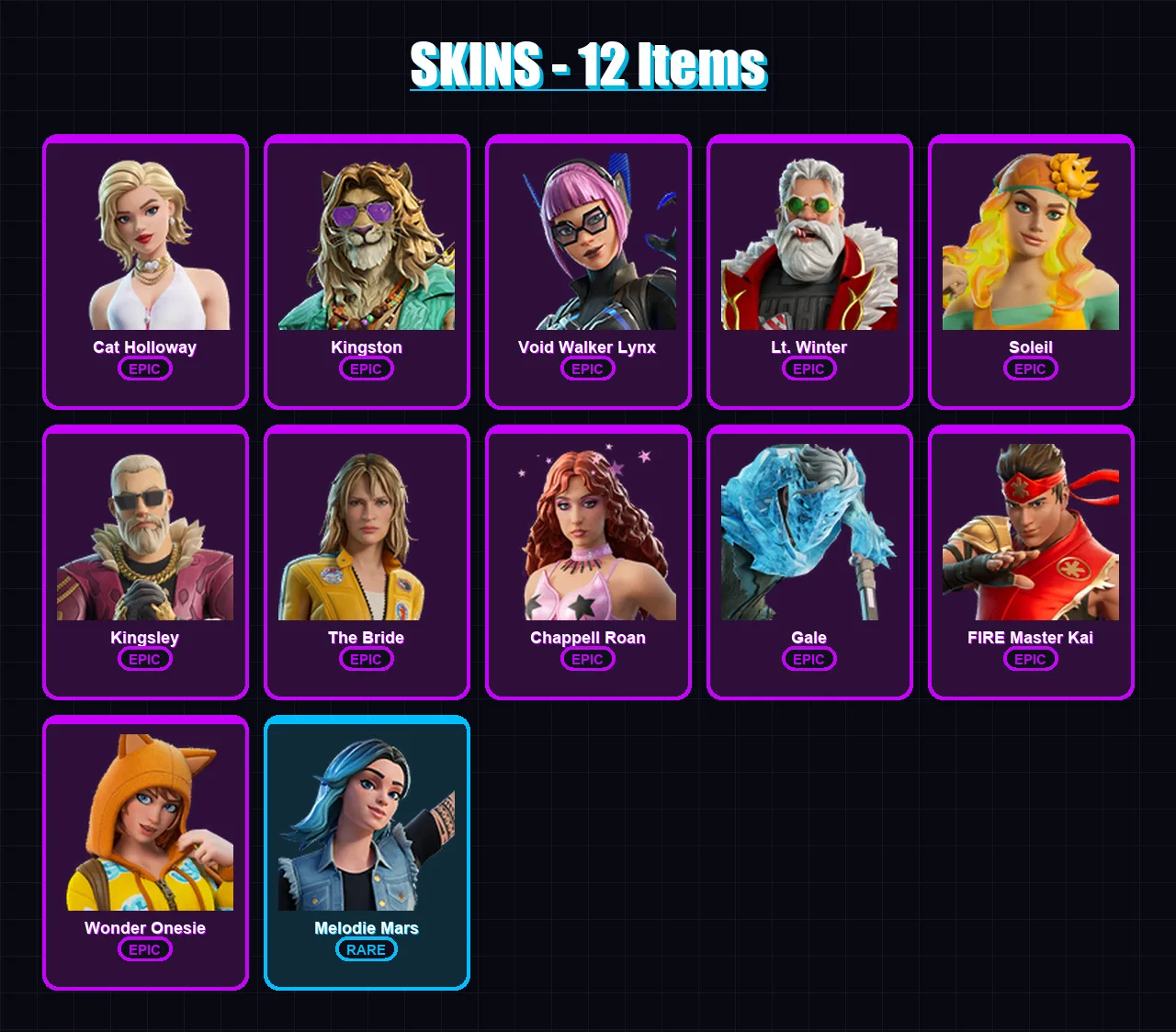 [PS4/PS5/XBOX/PC] | Cat Holloway | Kingston | Void Walker Lynx | Lt. Winter | Soleil | 12 skin | 19 pickaxe | 15 emote | 9 glider | Lv64