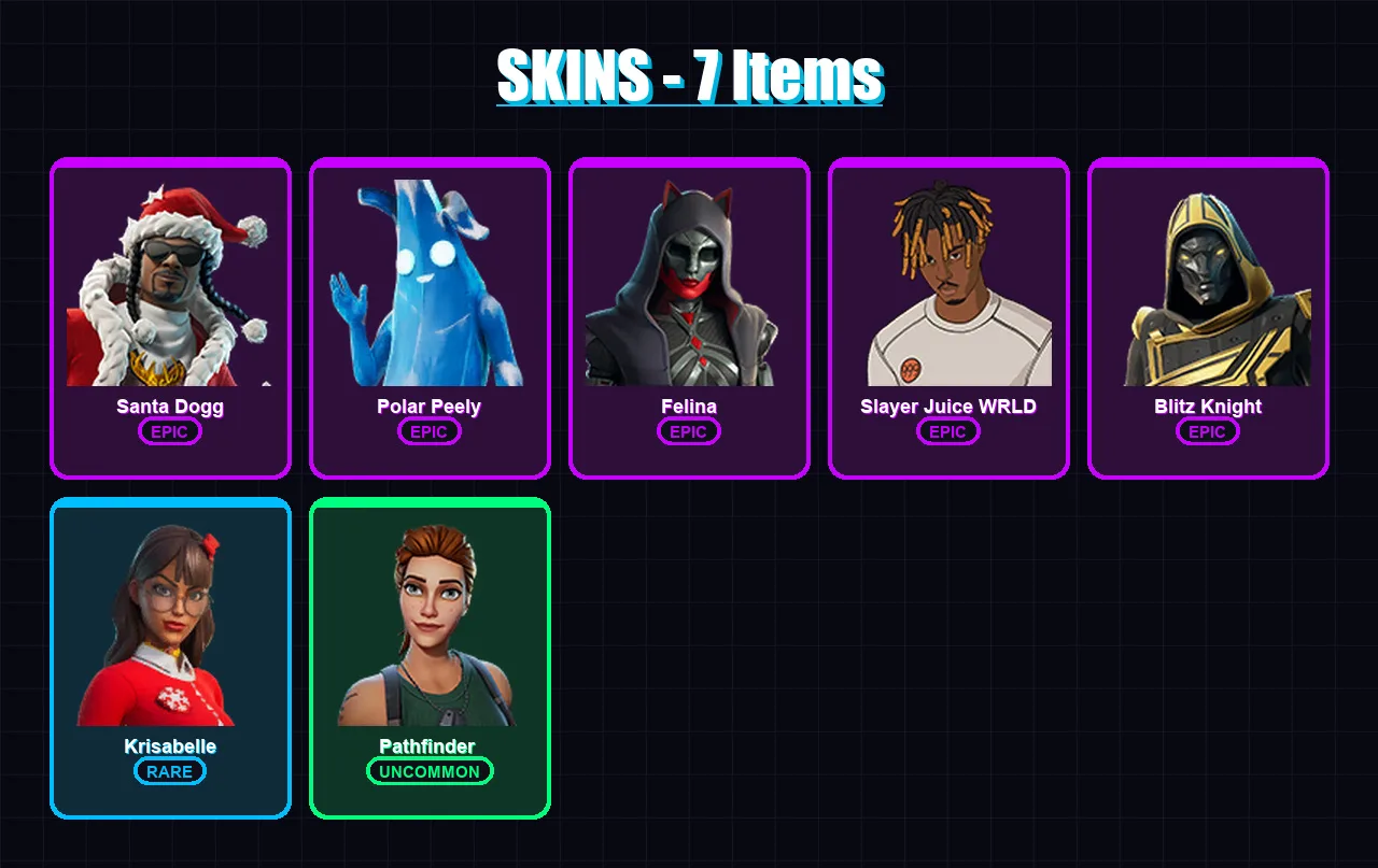 [PS4/PS5/XBOX/PC] | Santa Dogg | Polar Peely | Felina | Slayer Juice WRLD | Blitz Knight | 7 skin | 47 pickaxe | 34 emote | 30 glider | Lv639