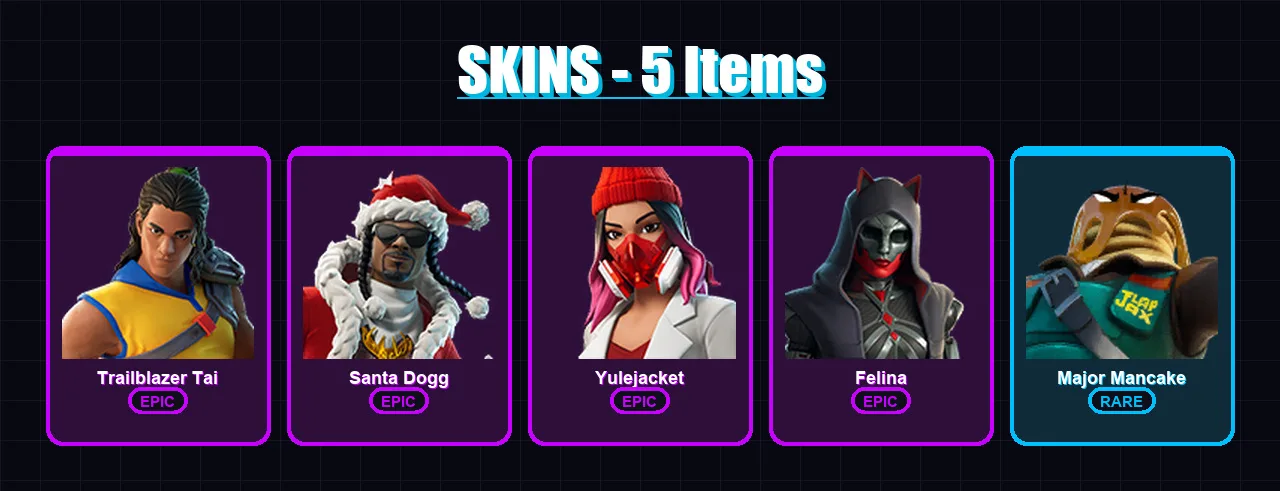 [PC/XBOX/PSN] | Trailblazer Tai | Santa Dogg | Yulejacket | Felina | Major Mancake | 5 skin | 19 pickaxe | 7 emote | 7 glider | Lv188