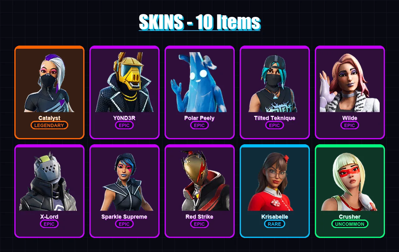 [SWITCH/XBOX/PSN/PC] | Catalyst | Y0ND3R | Polar Peely | Tilted Teknique | Wilde | 10 skin | 16 pickaxe | 32 emote | 22 glider | Lv403