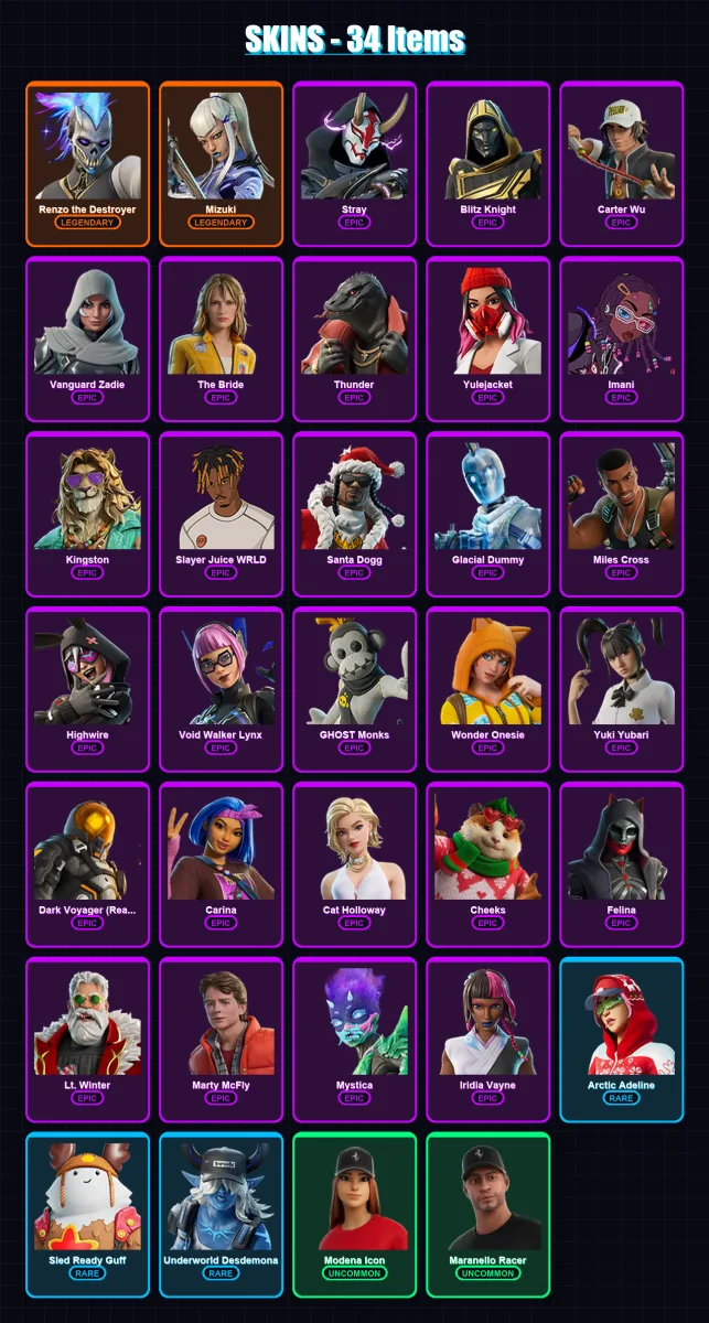 [PC/XBOX/PSN] | Renzo the Destroyer | Mizuki | Stray | Blitz Knight | Carter Wu | 34 skin | 115 pickaxe | 62 emote | 82 glider | Lv2585