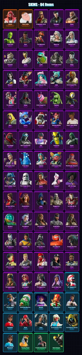 [PC/XBOX/PSN] | Valeria | Peter Griffin | Vengeance Jones | Montague | Oscar | 84 skin | 118 pickaxe | 83 emote | 74 glider | Lv1278