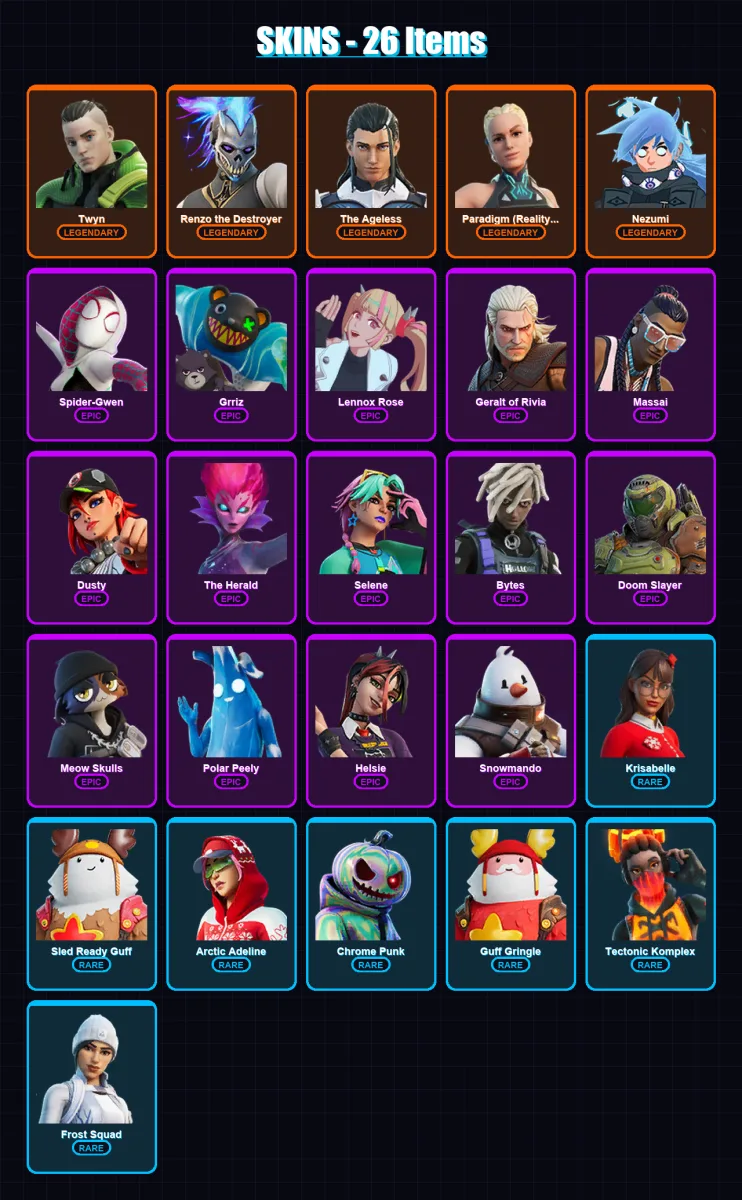 [PC/XBOX/PSN] | Twyn | Renzo the Destroyer | The Ageless | Paradigm (Reality-659) | Nezumi | 26 skin | 37 pickaxe | 31 emote | 33 glider | Lv595