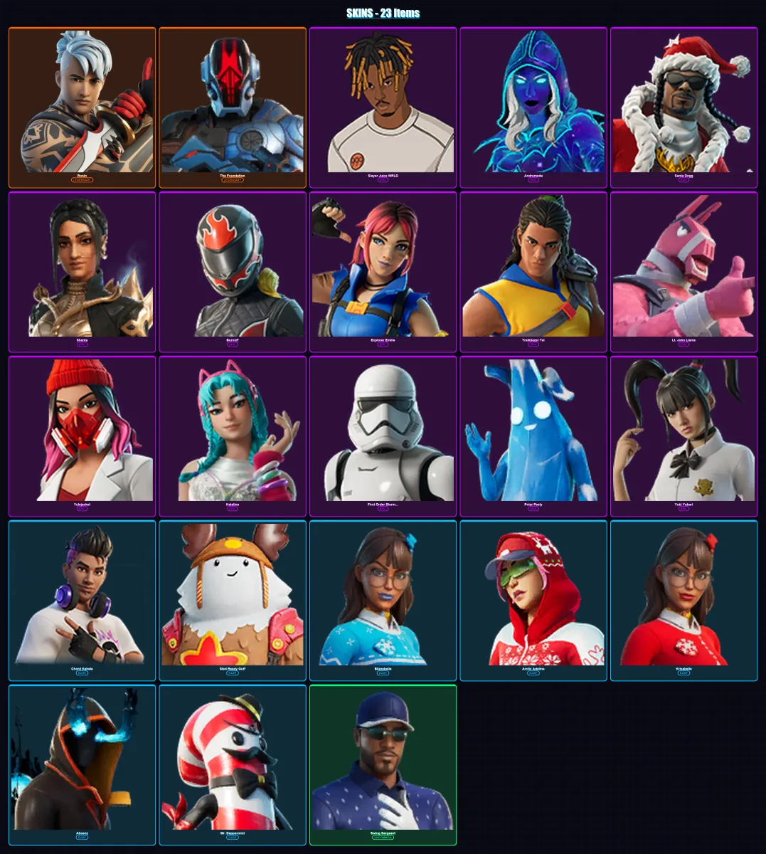 [PC/XBOX/PSN] | Ronin | The Foundation | Slayer Juice WRLD | Andromeda | Santa Dogg | 23 skin | 44 pickaxe | 21 emote | 35 glider | Lv414