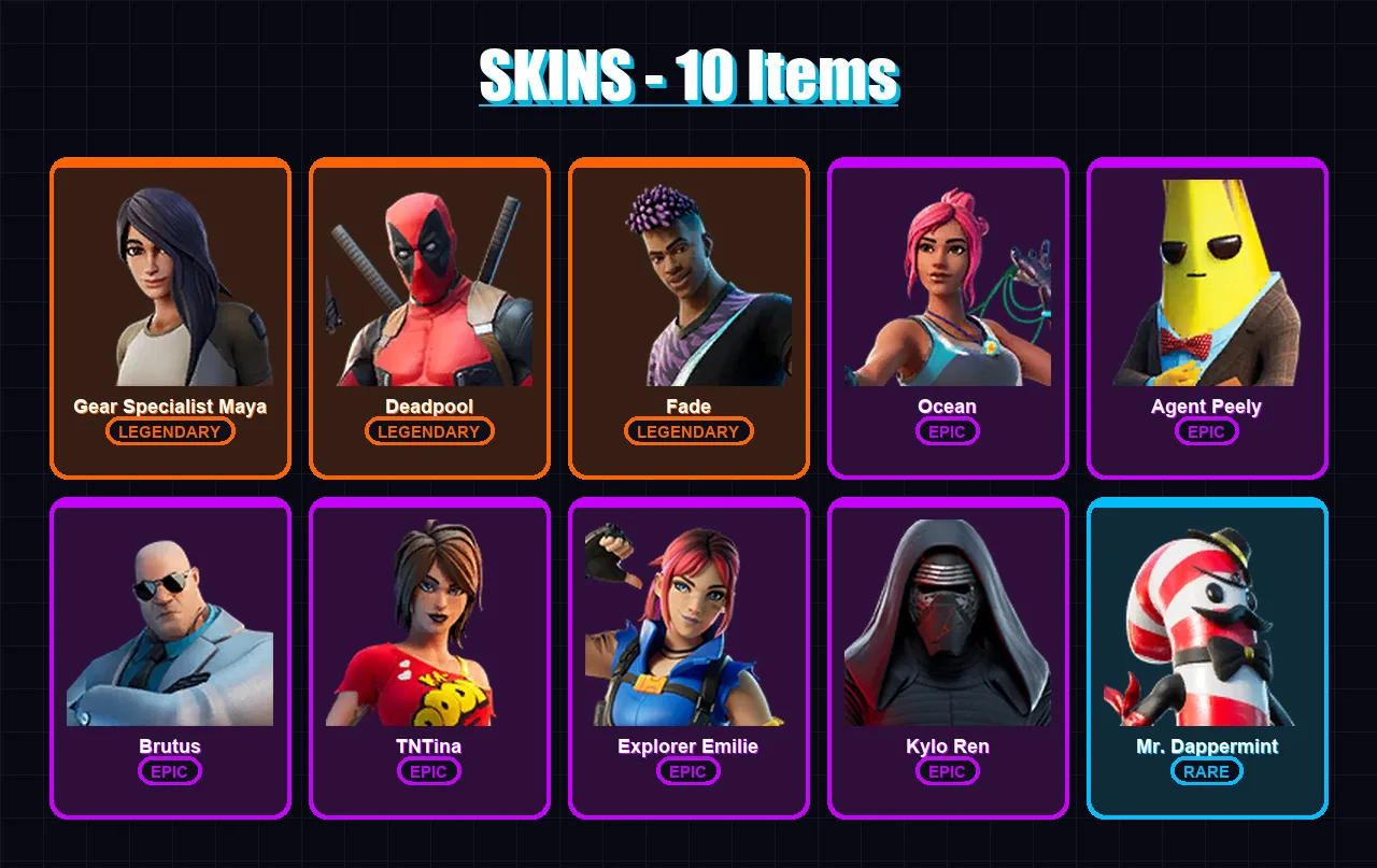 [PC/XBOX/PSN] | Gear Specialist Maya | Deadpool | Fade | Ocean | Agent Peely | 10 skin | 7 pickaxe | 5 emote | 8 glider | Lv67