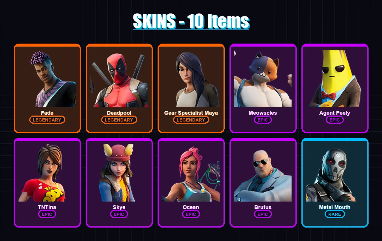 [PC/XBOX/PSN] | Fade | Deadpool | Gear Specialist Maya | Meowscles | Agent Peely | 10 skin | 8 pickaxe | 13 emote | 11 glider | Lv113