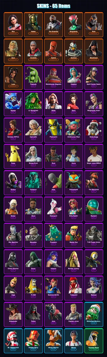 [PC/XBOX] | Rox | Hades | The Scientist | Singularity | Ruin | 65 skin | 93 pickaxe | 82 emote | 66 glider | Lv1110
