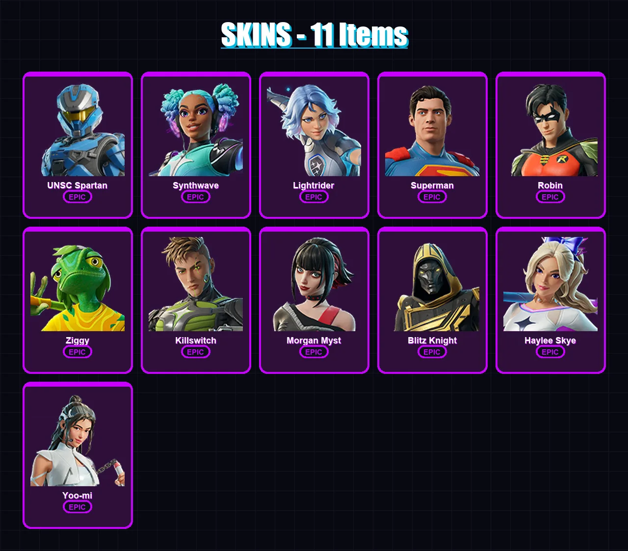 [PC/XBOX/PSN] | UNSC Spartan | Synthwave | Lightrider | Superman | Robin | 11 skin | 25 pickaxe | 17 emote | 20 glider | Lv271