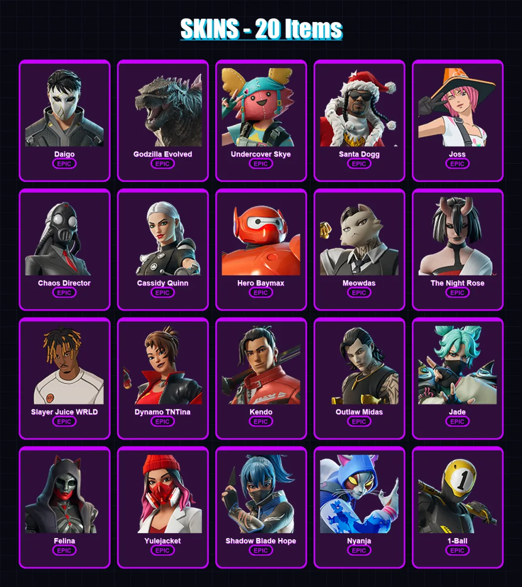 [PC/PSN] | Daigo | Godzilla Evolved | Undercover Skye | Santa Dogg | Joss | 20 skin | 39 pickaxe | 32 emote | 27 glider | Lv426