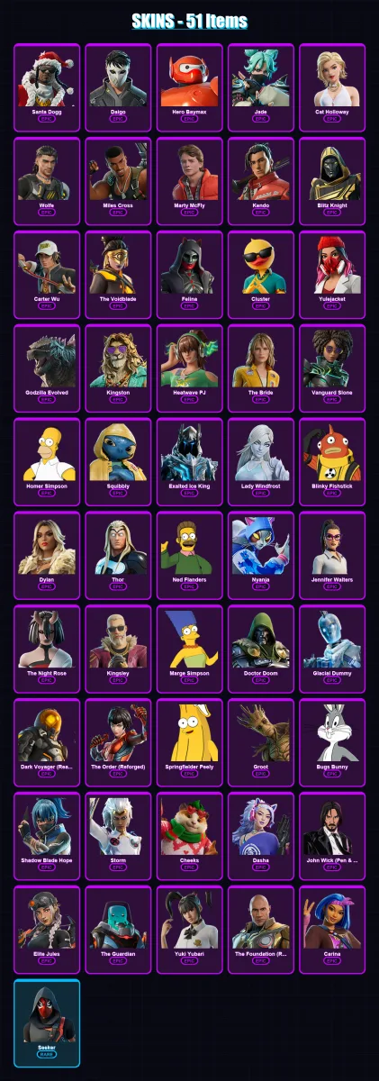 [PC/XBOX/PSN] | Santa Dogg | Daigo | Hero Baymax | Jade | Cat Holloway | 51 skin | 121 pickaxe | 68 emote | 81 glider | Lv1139