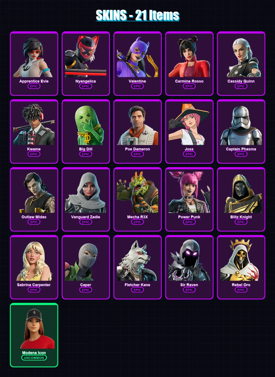 [PC/XBOX/PSN] | Apprentice Evie | Nyangelica | Valentina | Carmine Rosso | Cassidy Quinn | 21 skin | 42 pickaxe | 23 emote | 28 glider | Lv268
