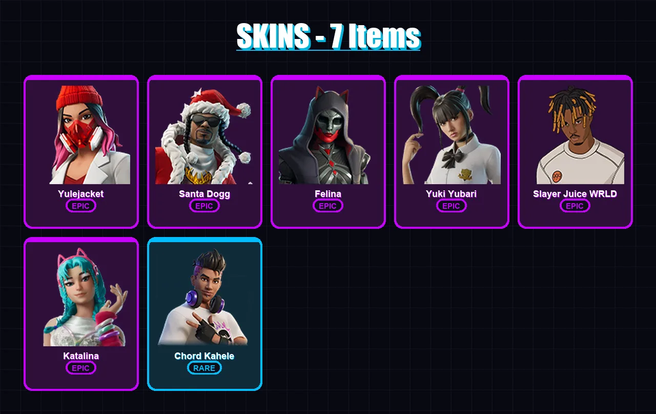 [PC/XBOX] | Yulejacket | Santa Dogg | Felina | Yuki Yubari | Slayer Juice WRLD | 7 skin | 24 pickaxe | 9 emote | 14 glider | Lv179