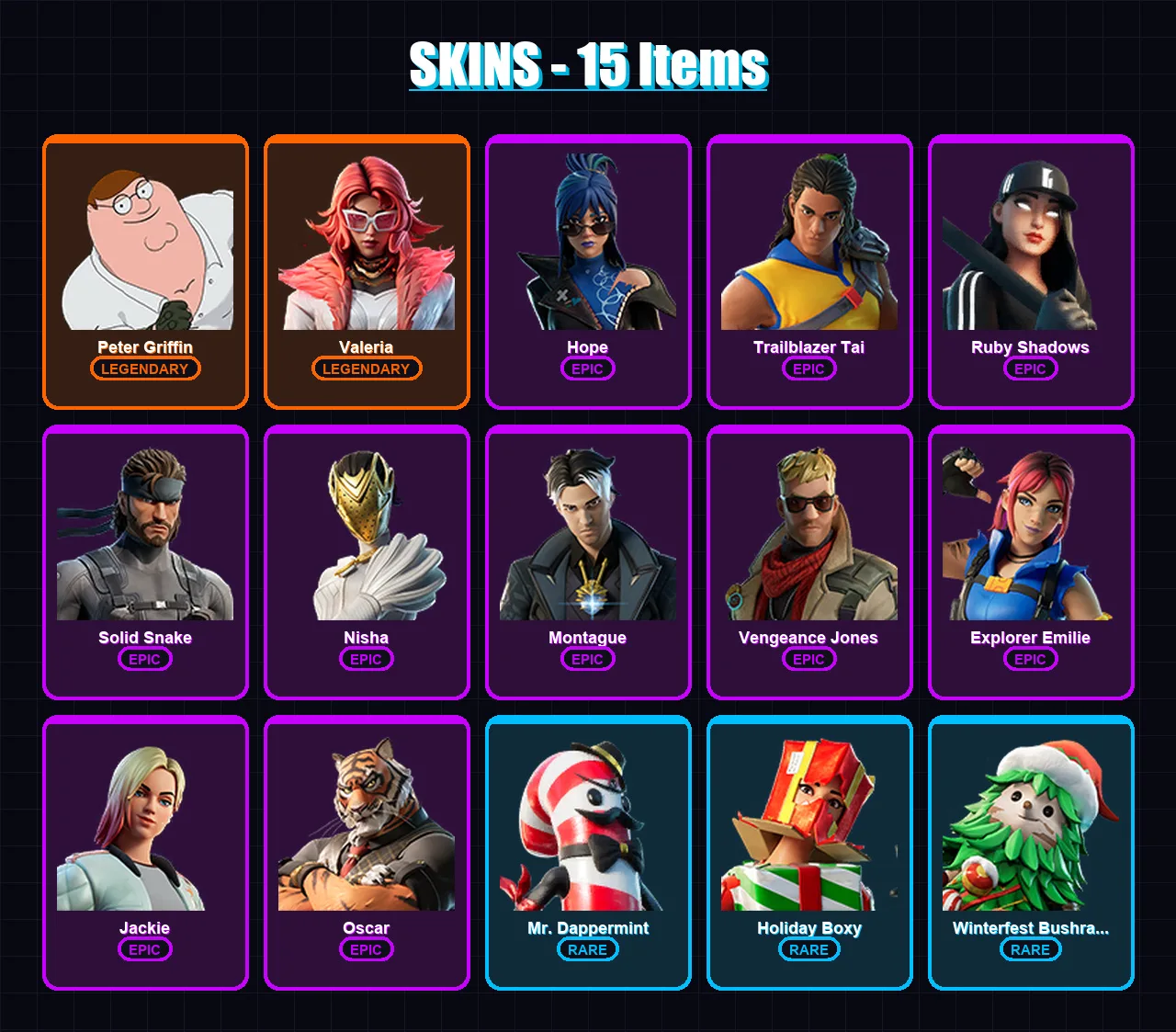 [PC/XBOX] | Peter Griffin | Valeria | Hope | Trailblazer Tai | Ruby Shadows | 15 skin | 20 pickaxe | 12 emote | 13 glider | Lv141