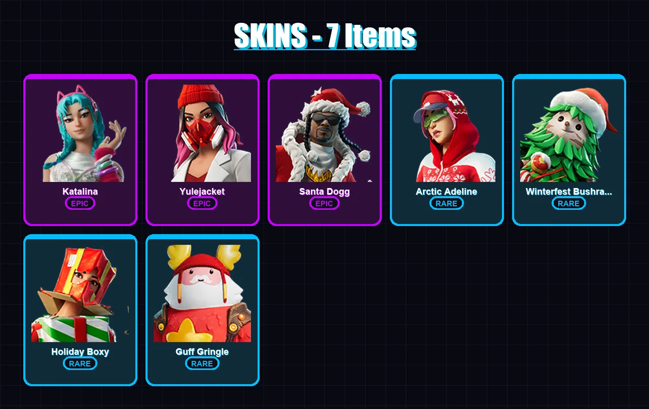 [PC/XBOX/PSN] | Katalina | Yulejacket | Santa Dogg | Arctic Adeline | Winterfest Bushranger | 7 skin | 42 pickaxe | 18 emote | 35 glider | Lv476